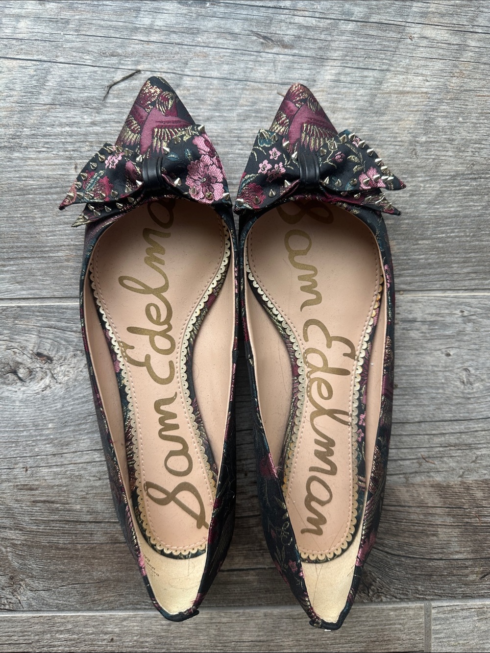 Sam Edelman Black and Burgundy Floral Pointed Bow Flats